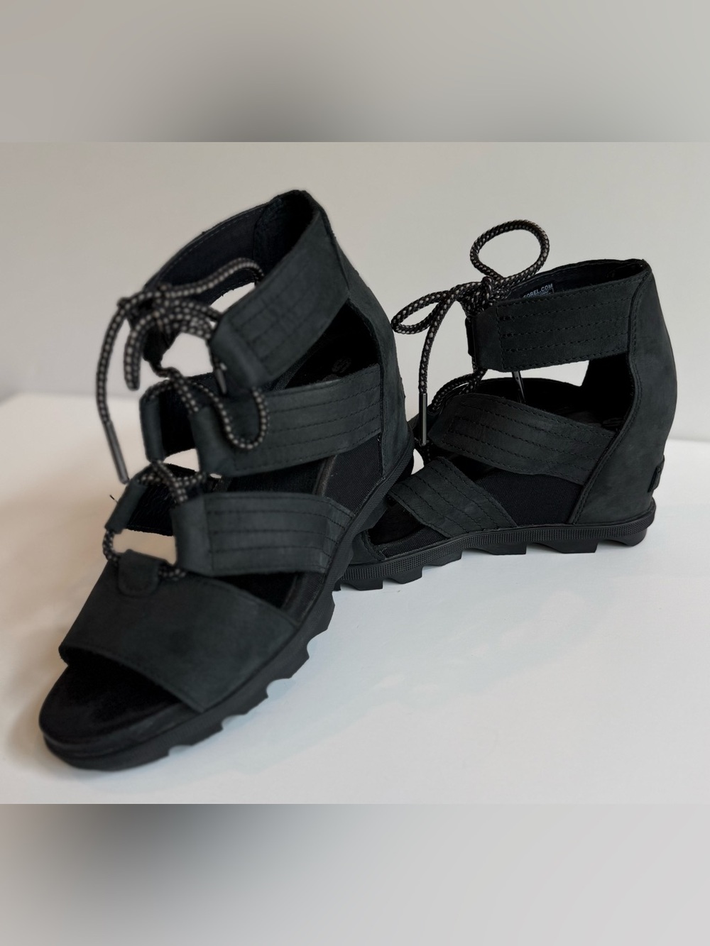 Sorel Joanie Gladiator Wedge Sandal Women’s 8.5 Black Leather Lace Up Shoes